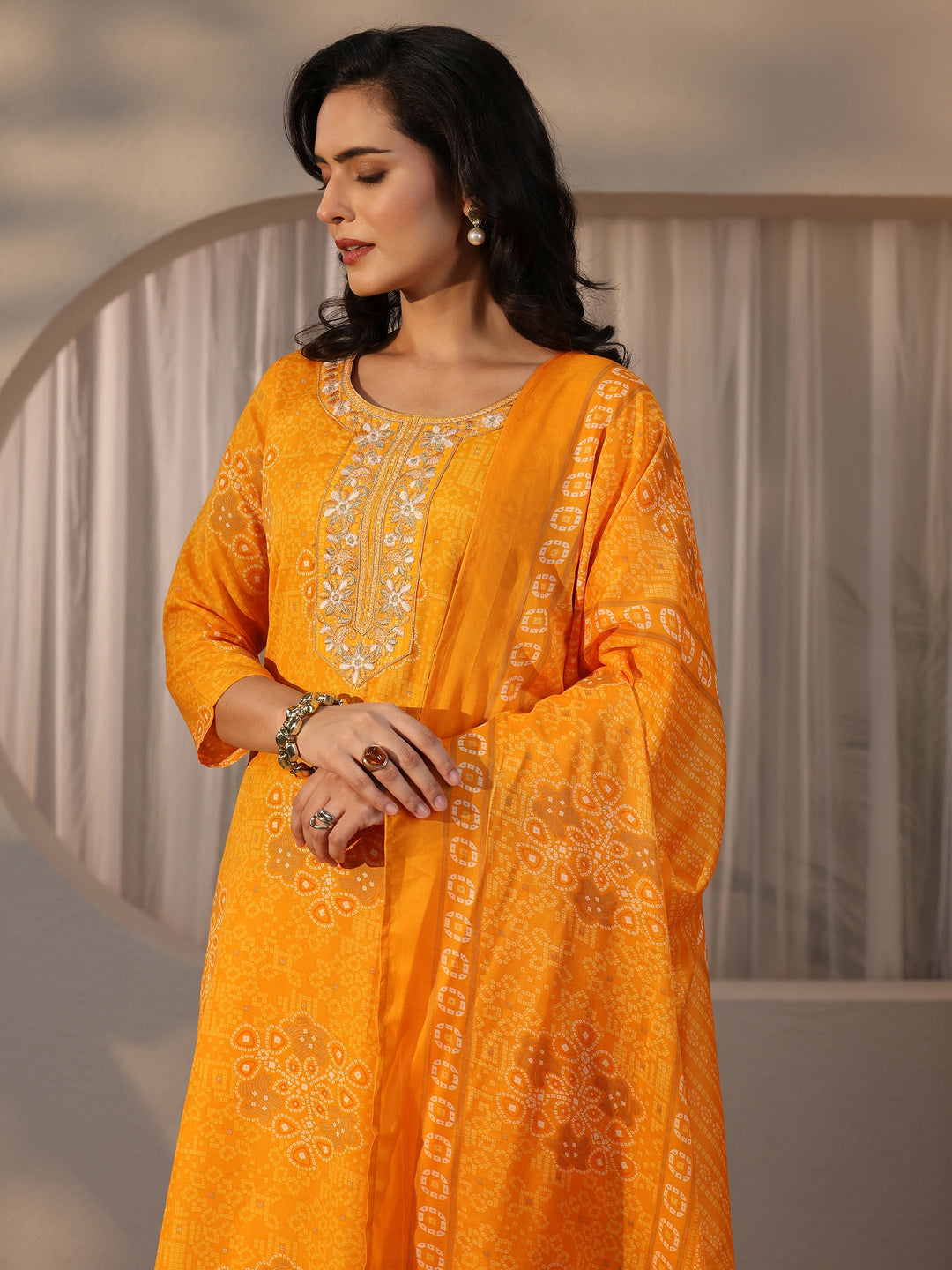  Gerua Mustard Bandhani Printed Straight Suit Set 