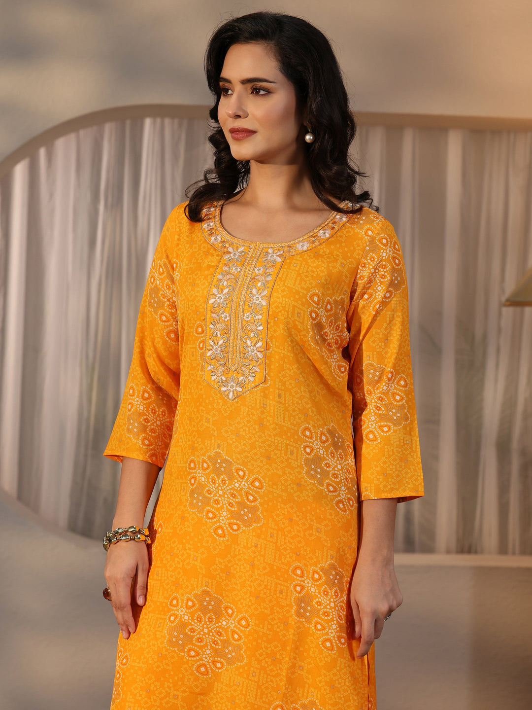  Gerua Mustard Bandhani Printed Straight Suit Set 