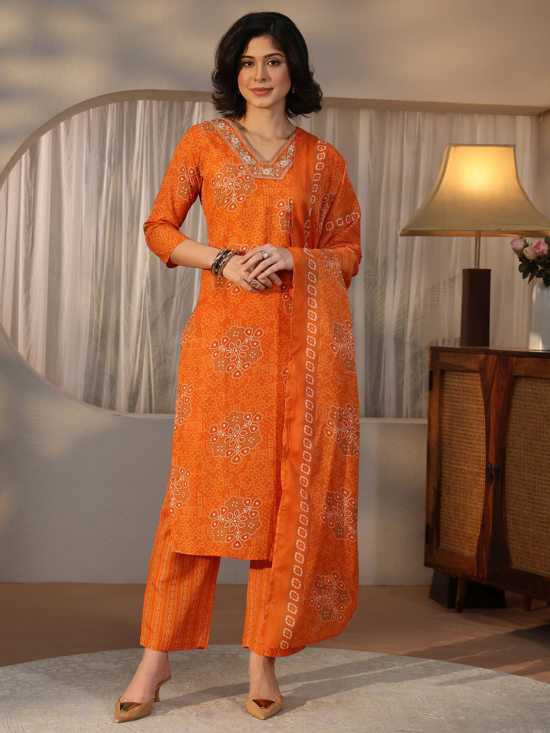  Gerua Orange Bandhani Printed Straight Suit Set 