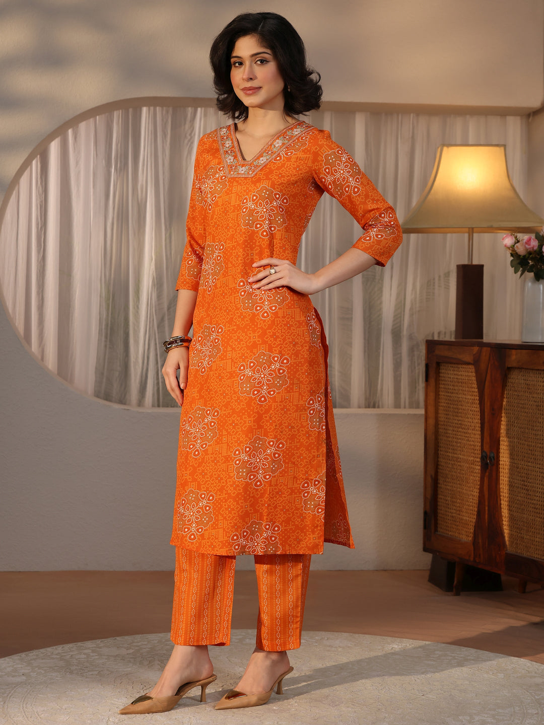  Gerua Orange Bandhani Printed Straight Suit Set 