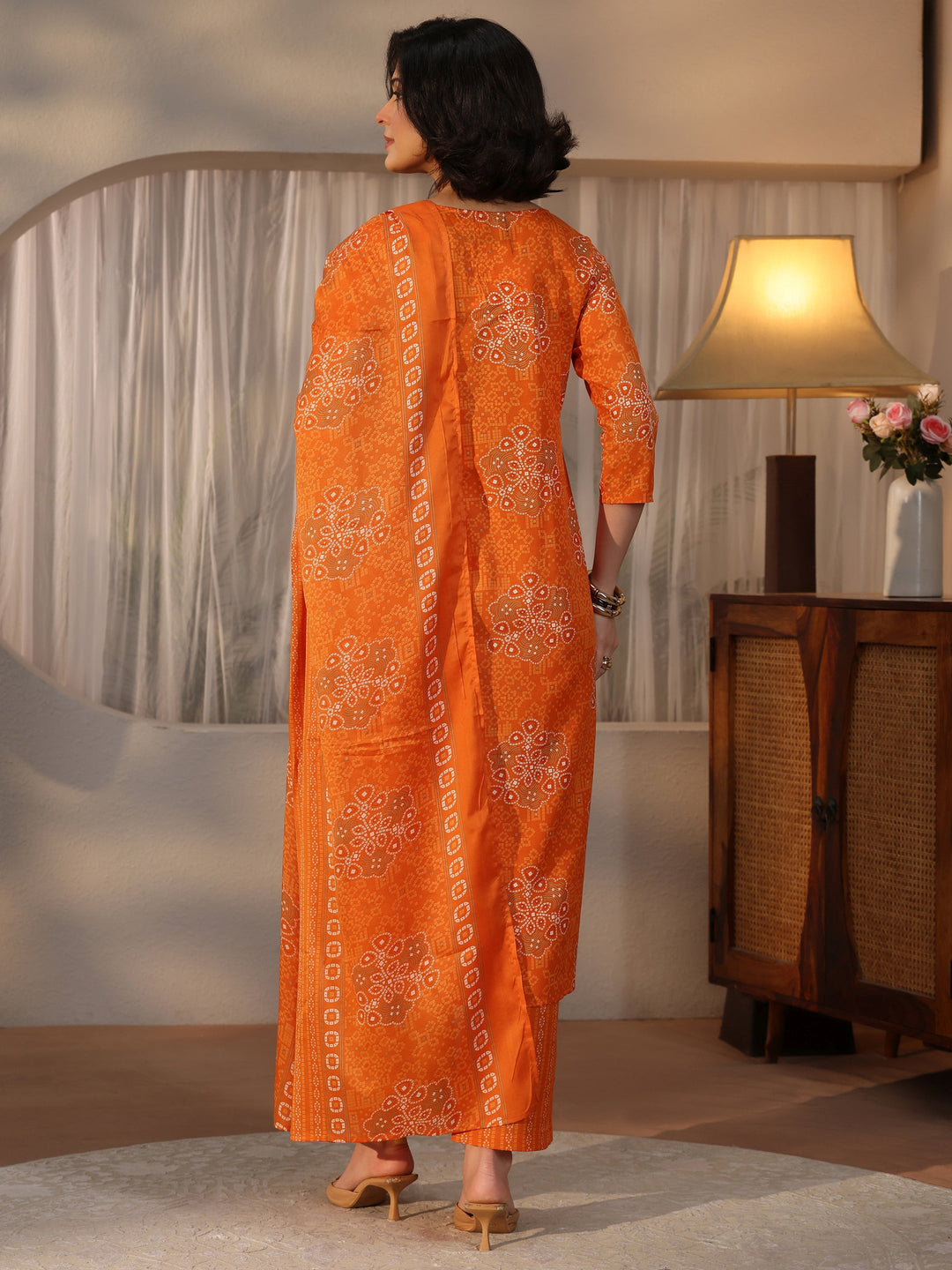  Gerua Orange Bandhani Printed Straight Suit Set 