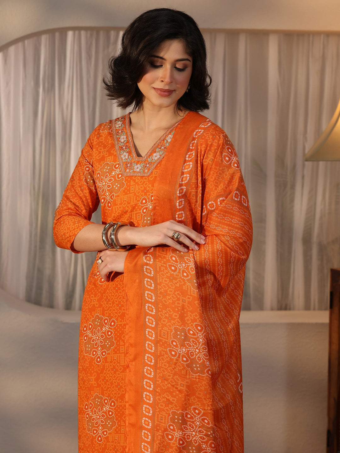  Gerua Orange Bandhani Printed Straight Suit Set 