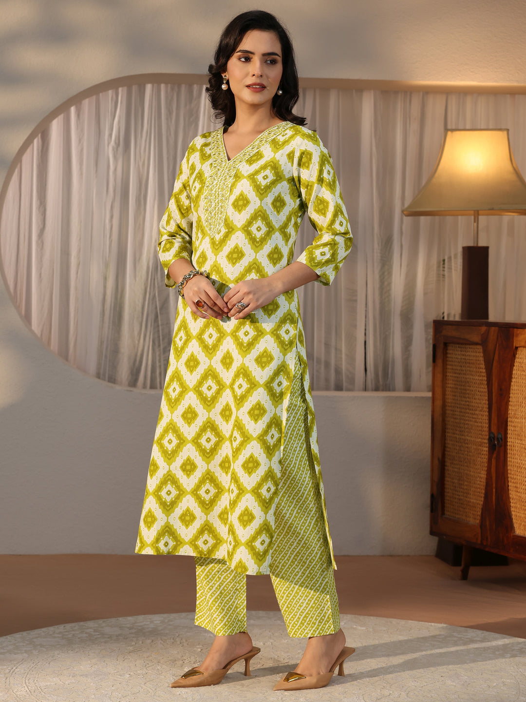  Gerua Green Geometric Printed Straight Suit Set 