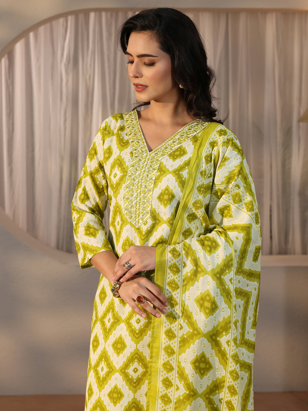  Gerua Green Geometric Printed Straight Suit Set 