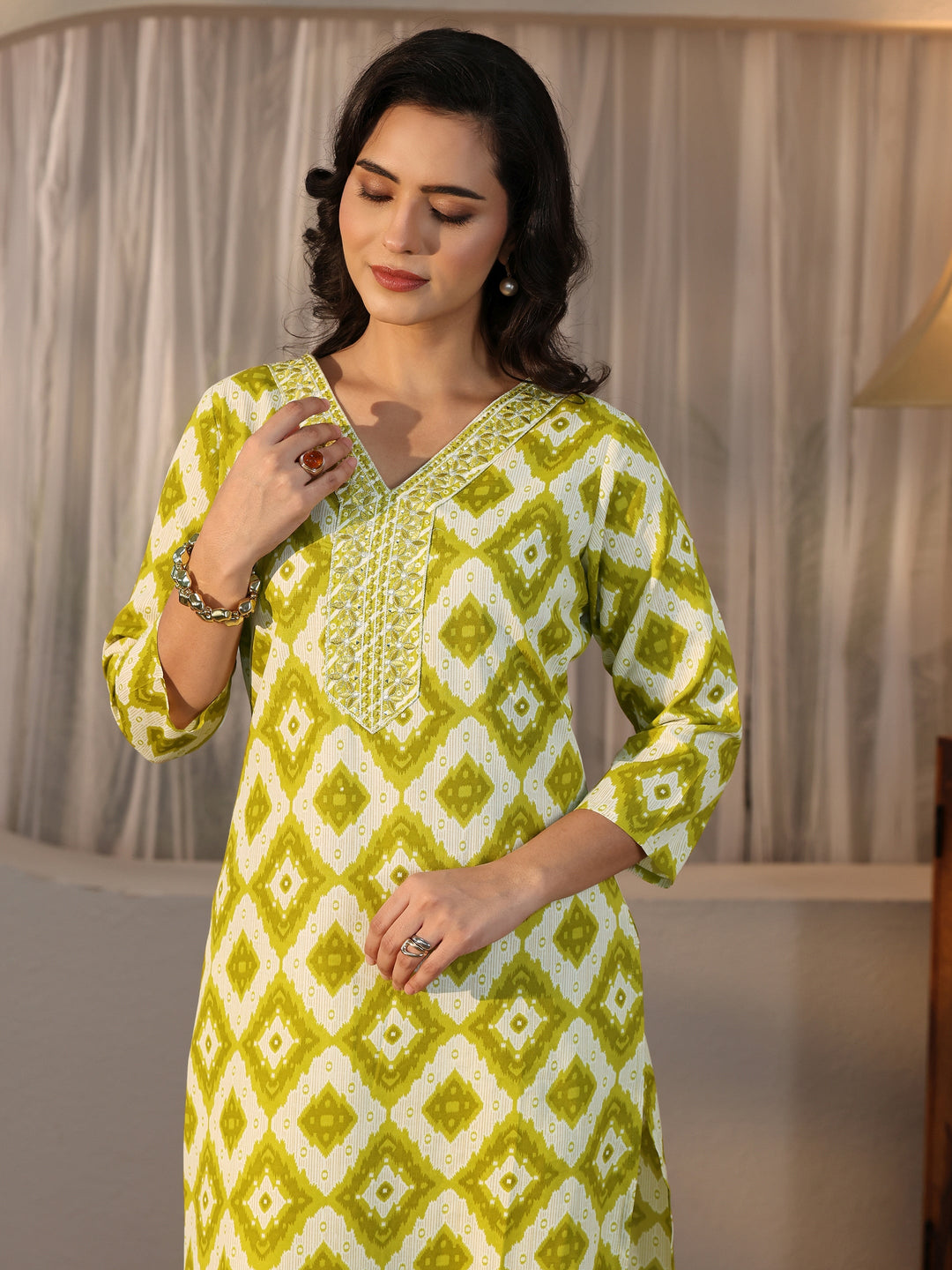  Gerua Green Geometric Printed Straight Suit Set 