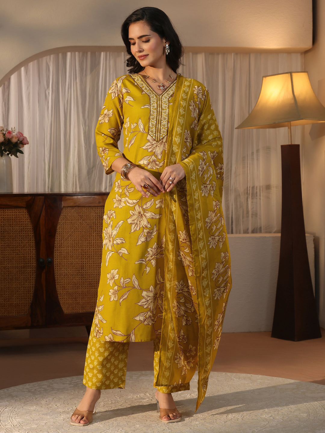  Gerua Mustard Floral Printed Straight Suit Set 