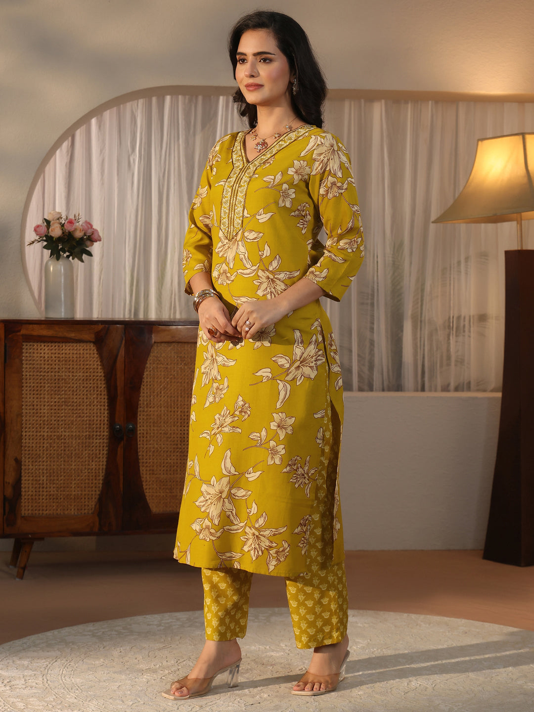  Gerua Mustard Floral Printed Straight Suit Set 