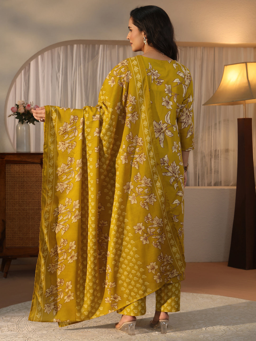  Gerua Mustard Floral Printed Straight Suit Set 