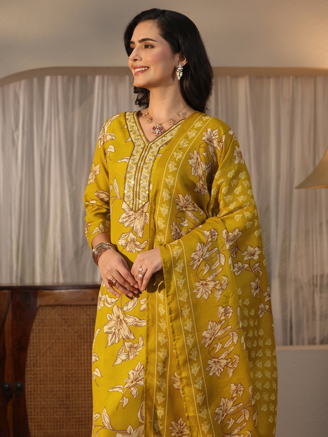  Gerua Mustard Floral Printed Straight Suit Set 