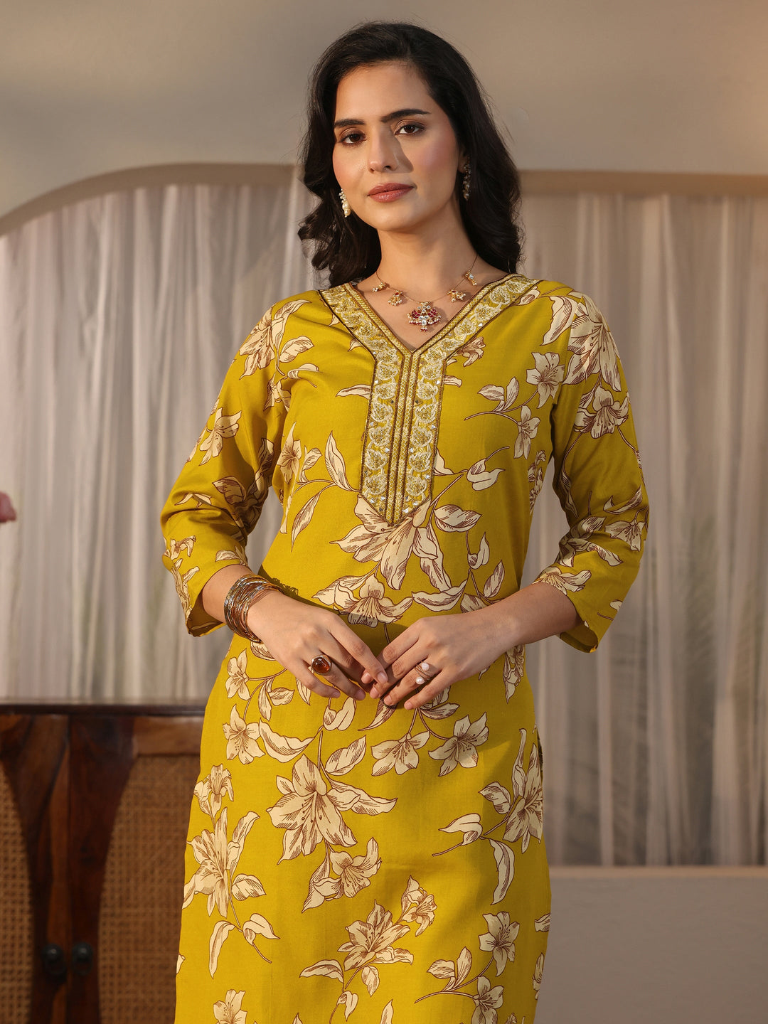  Gerua Mustard Floral Printed Straight Suit Set 