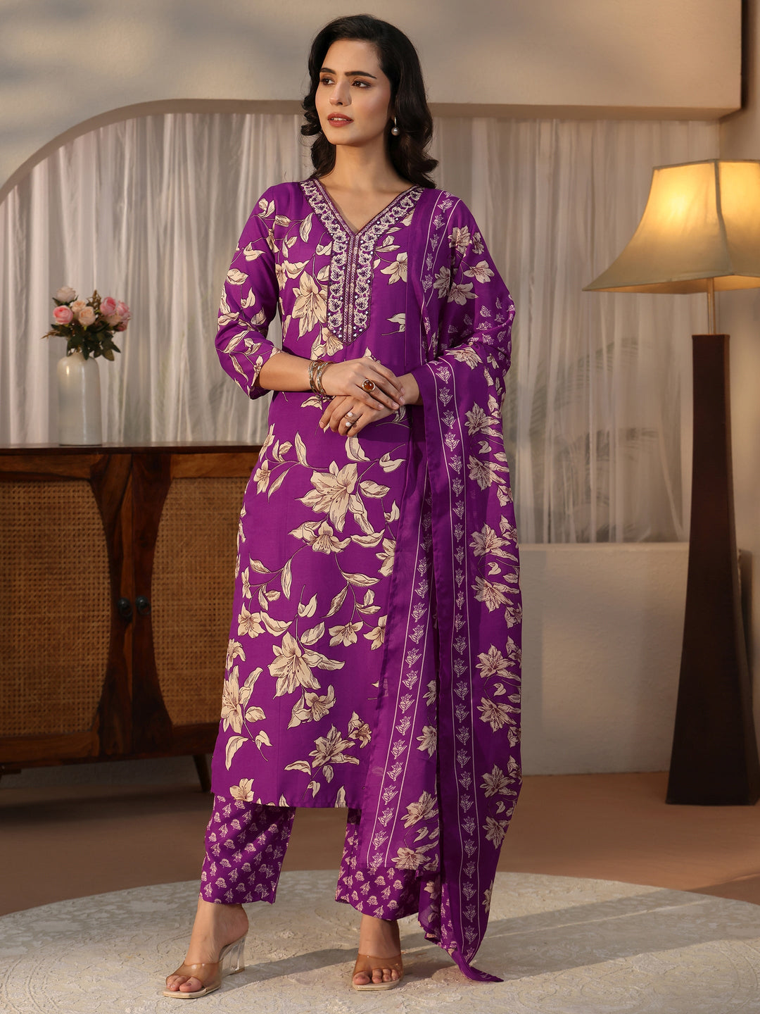  Gerua Purple Floral Printed Straight Suit Set 