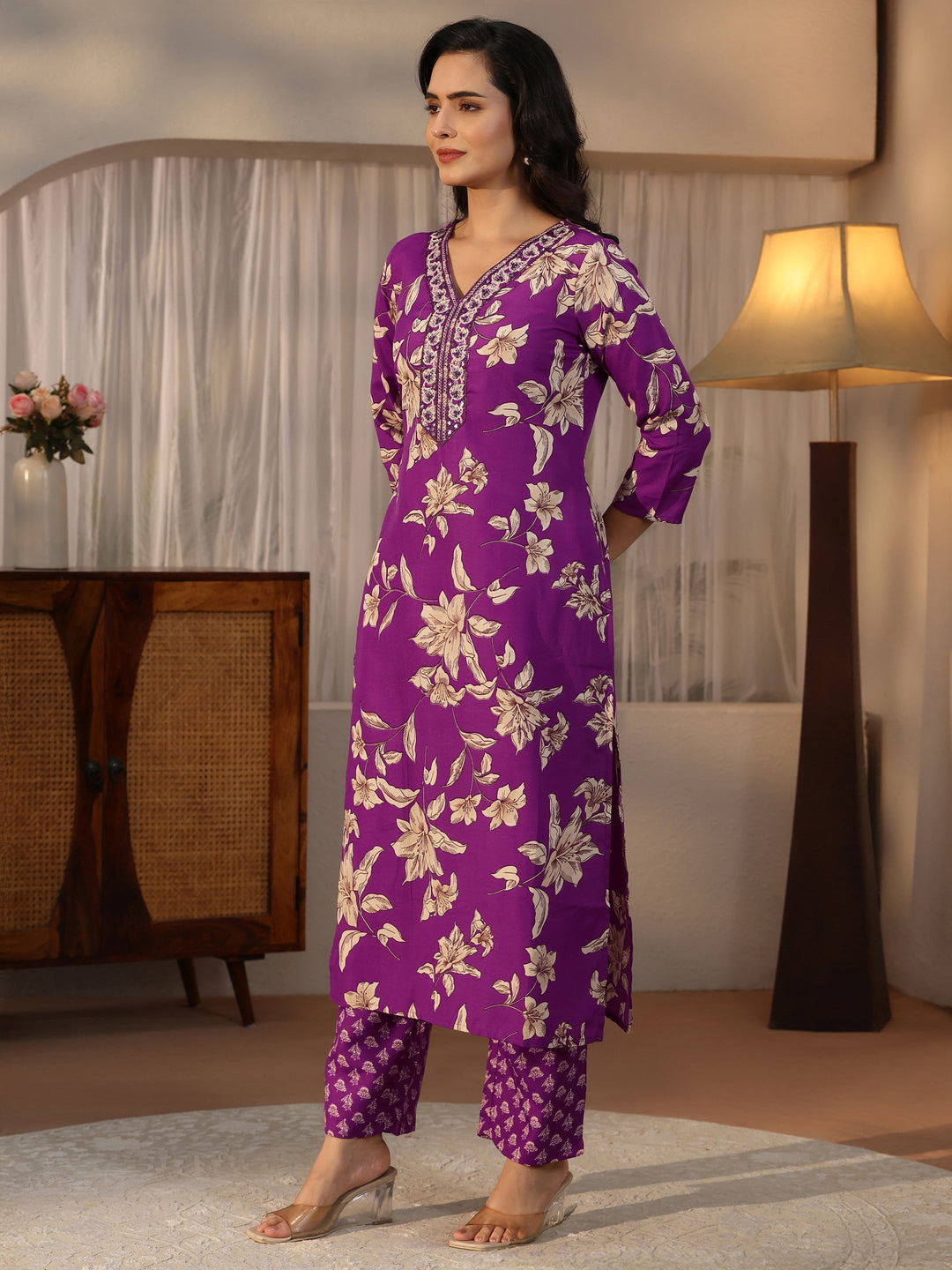  Gerua Purple Floral Printed Straight Suit Set 