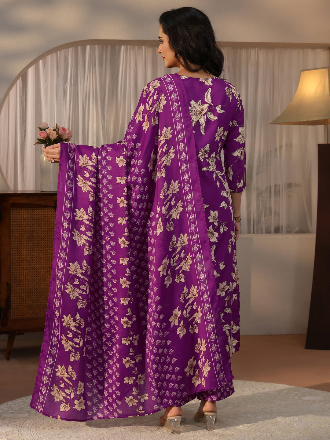  Gerua Purple Floral Printed Straight Suit Set 