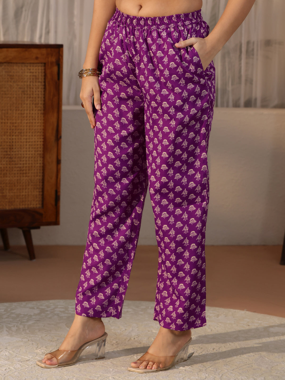  Gerua Purple Floral Printed Straight Suit Set 
