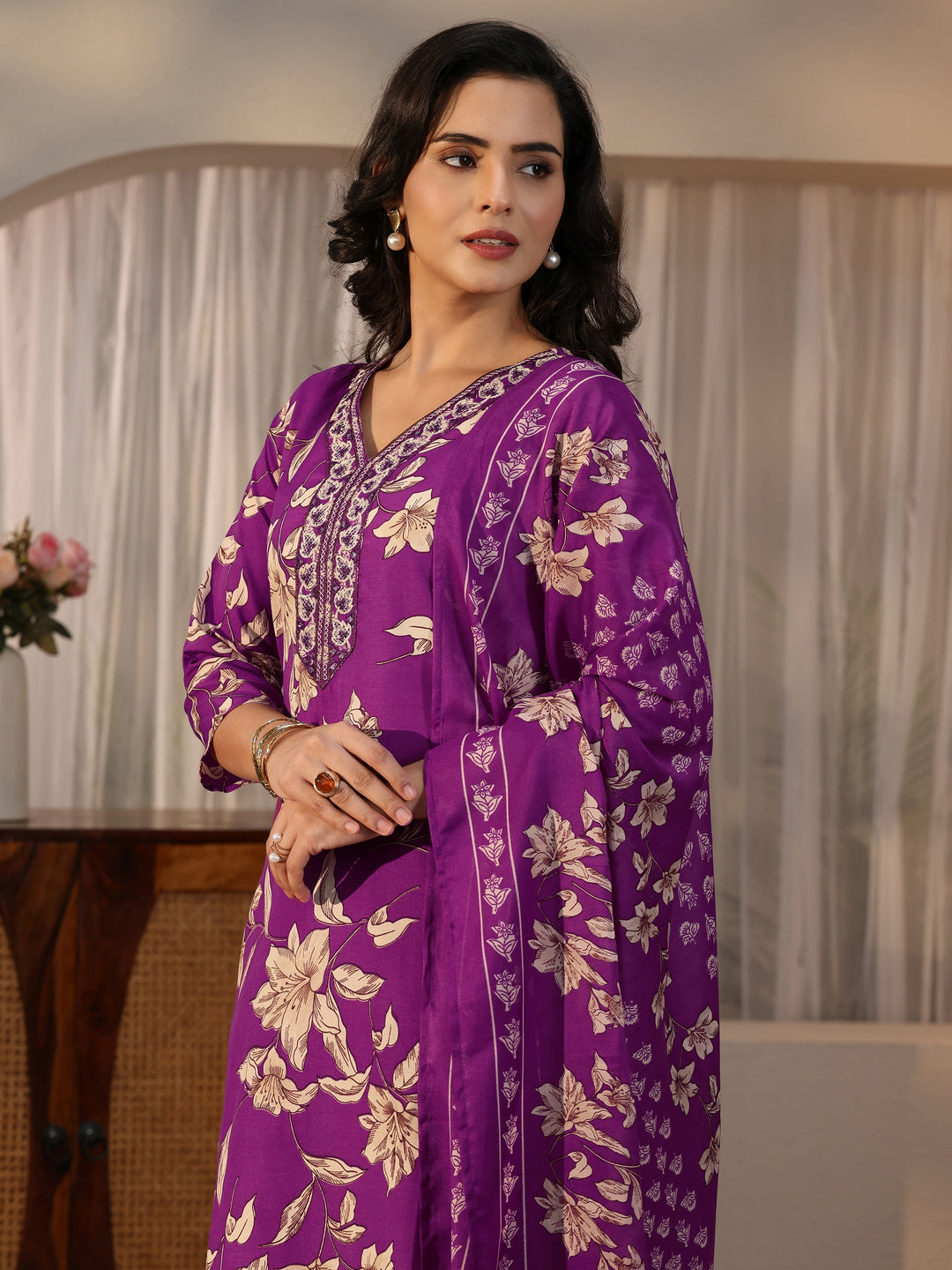  Gerua Purple Floral Printed Straight Suit Set 