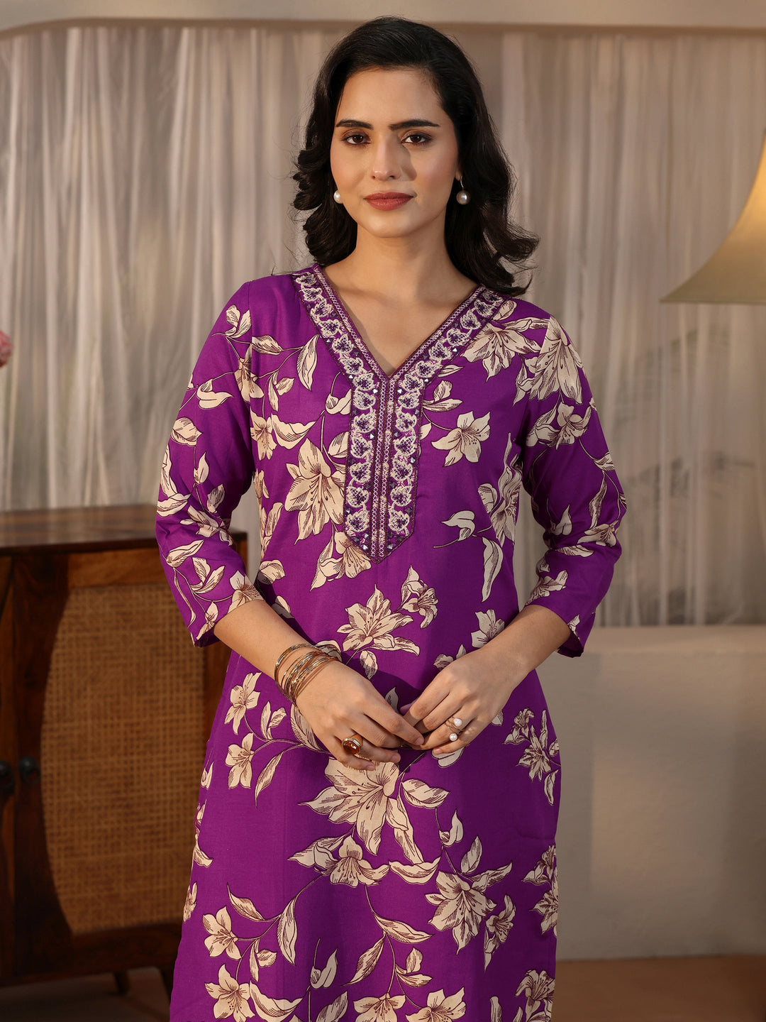  Gerua Purple Floral Printed Straight Suit Set 