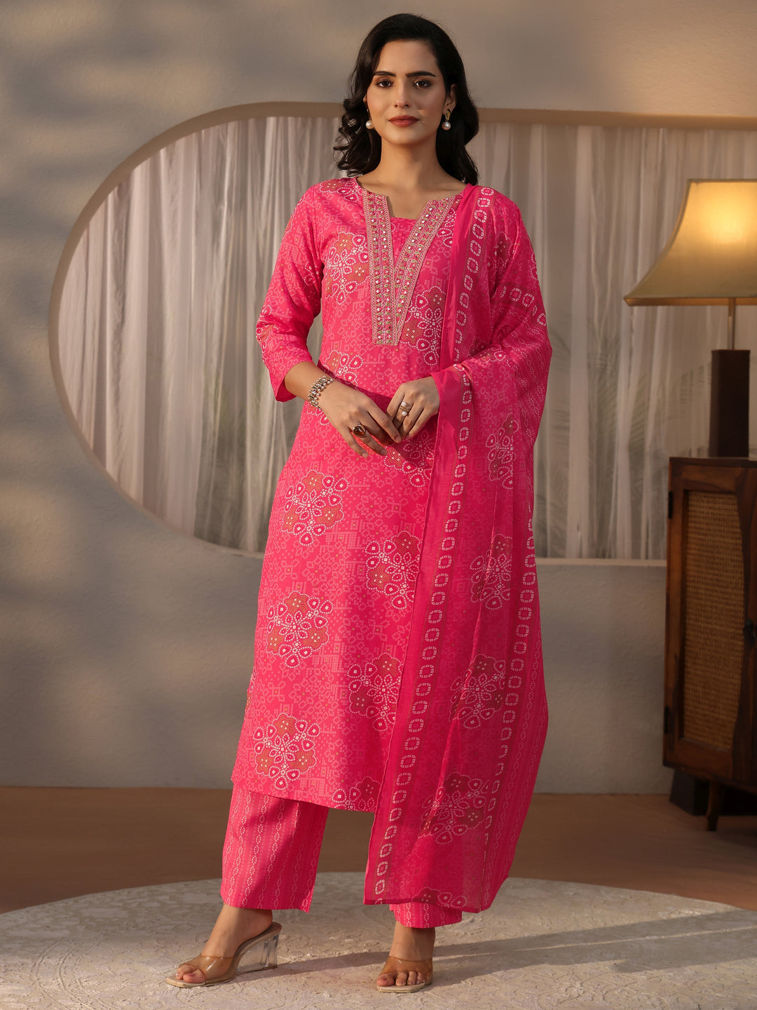  Gerua Pink Bandhani Printed Straight Suit Set 
