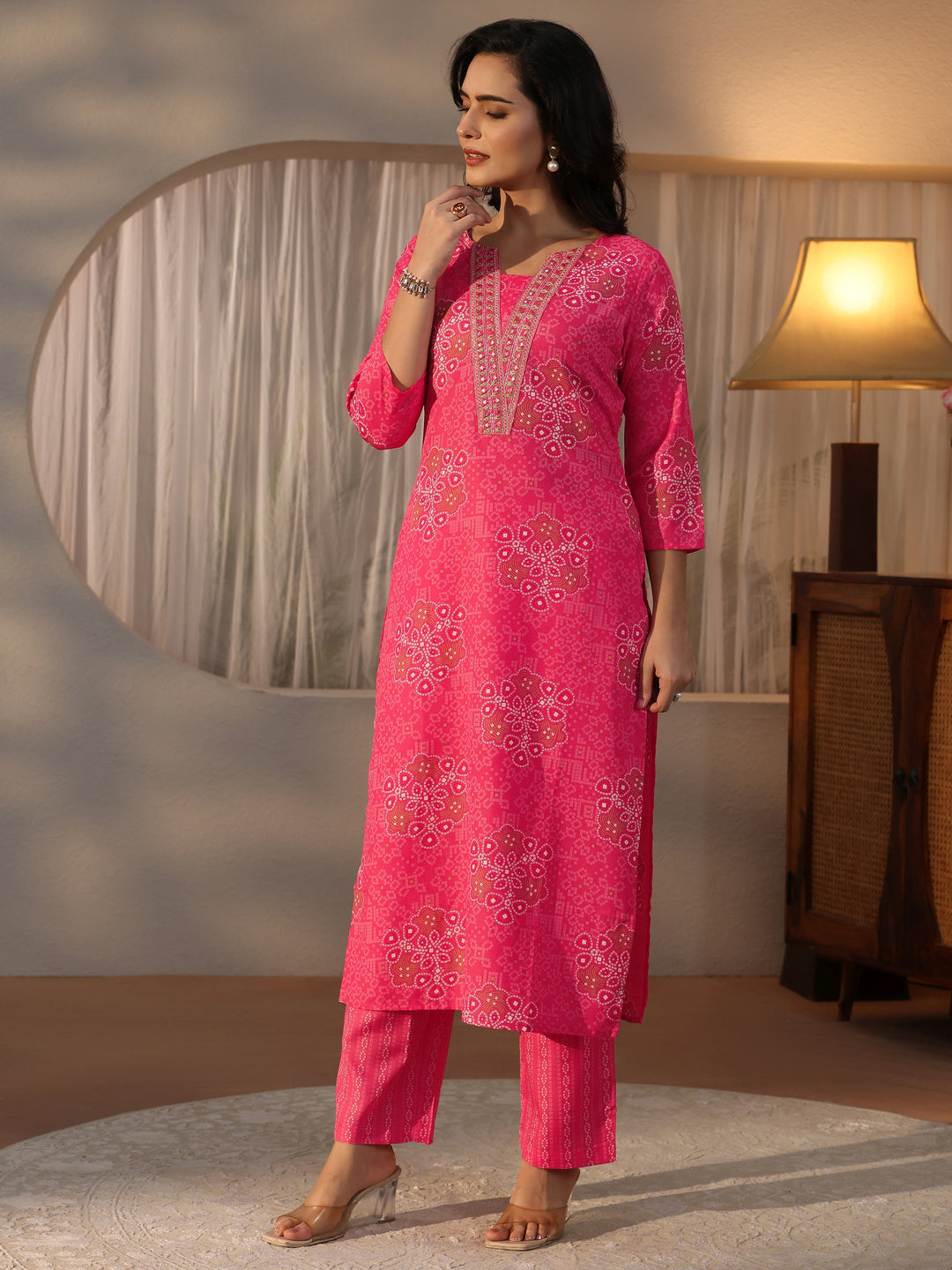  Gerua Pink Bandhani Printed Straight Suit Set 