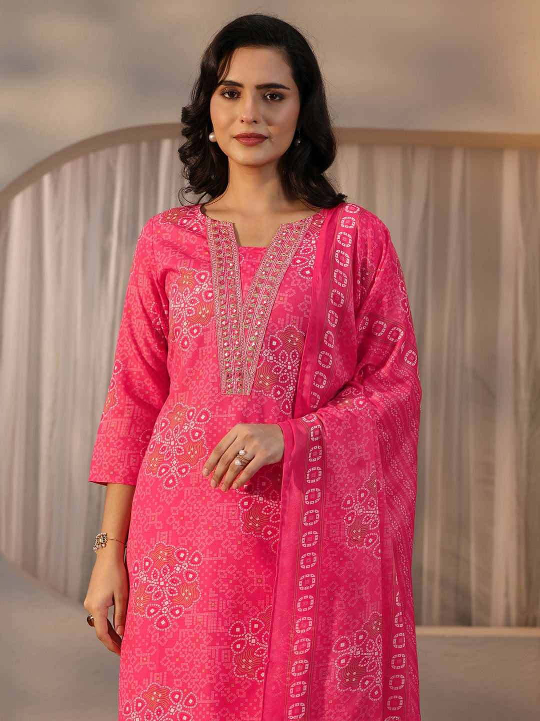  Gerua Pink Bandhani Printed Straight Suit Set 