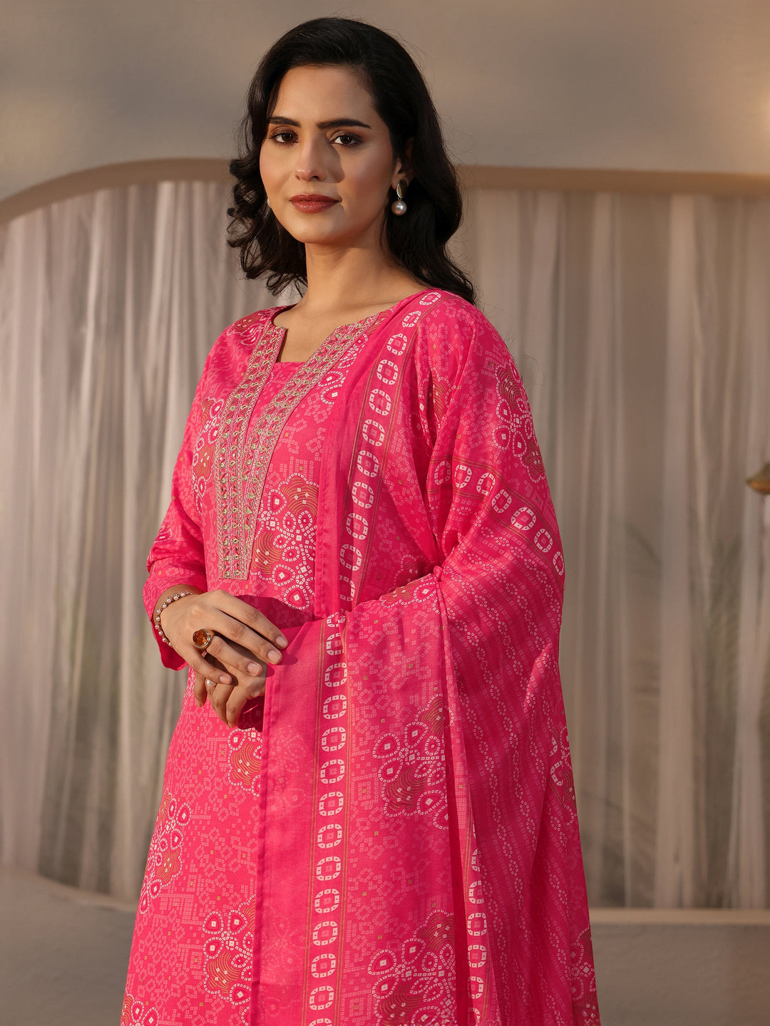  Gerua Pink Bandhani Printed Straight Suit Set 