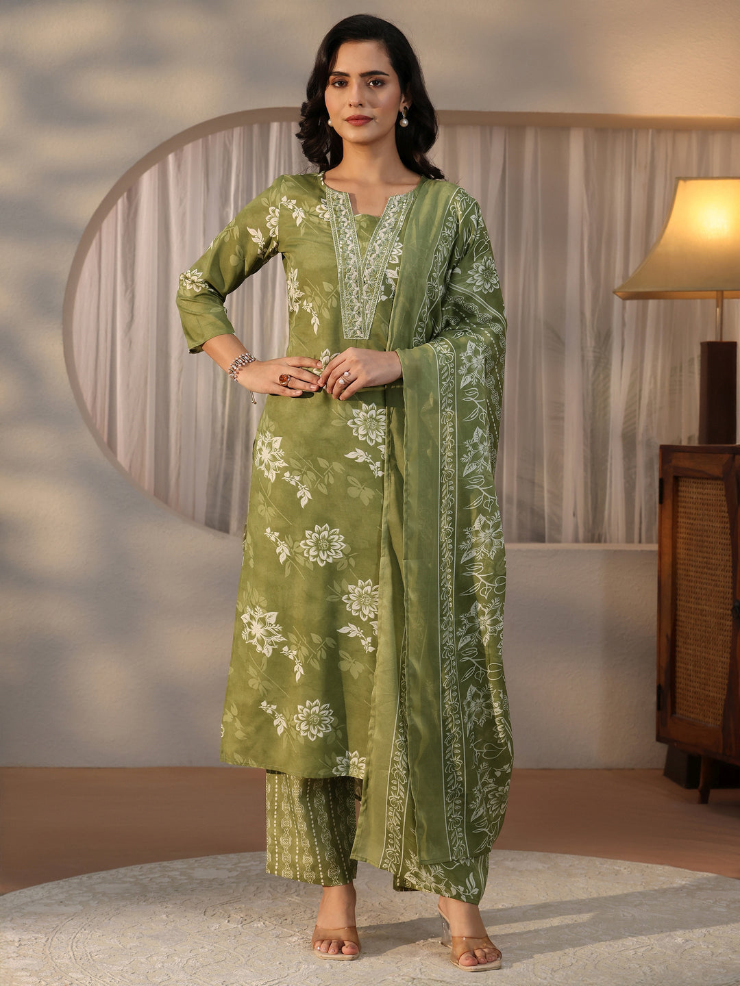  Gerua Green Floral Printed Straight Suit Set 