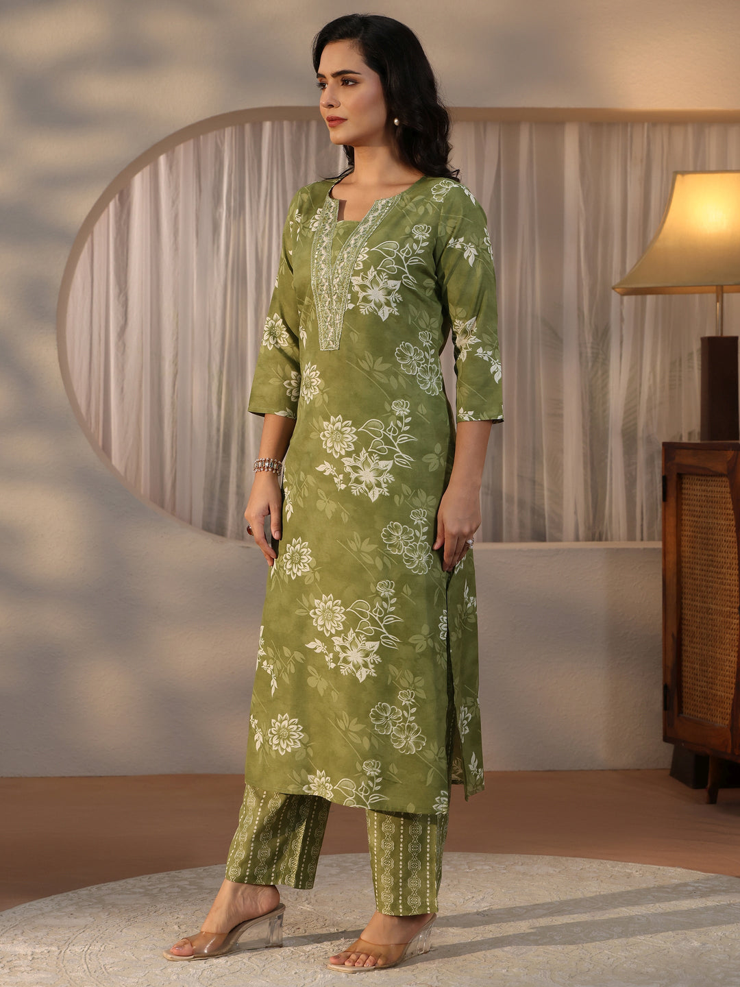  Gerua Green Floral Printed Straight Suit Set 