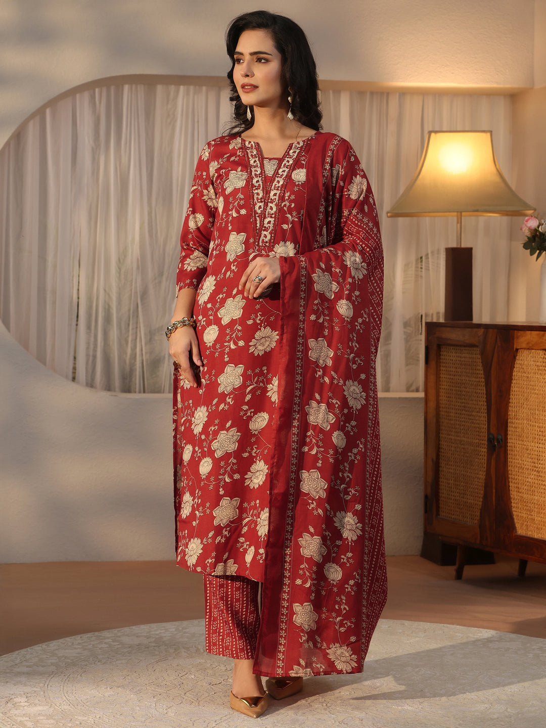 Gerua Rust Brown Floral Printed Straight Suit Set 