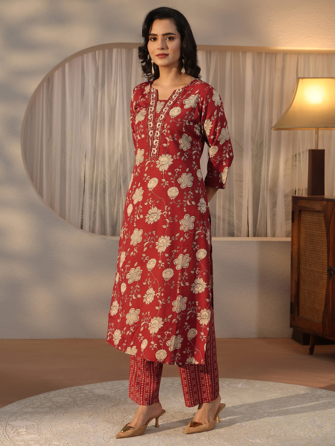 Gerua Rust Brown Floral Printed Straight Suit Set 