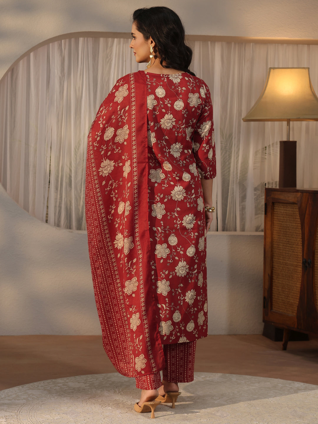  Gerua Rust Brown Floral Printed Straight Suit Set 