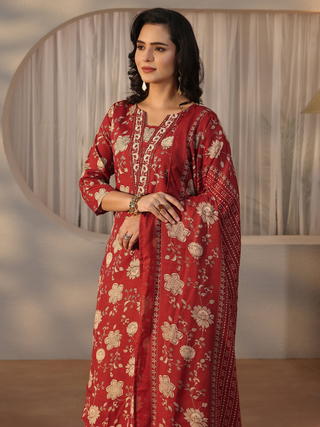  Gerua Rust Brown Floral Printed Straight Suit Set 
