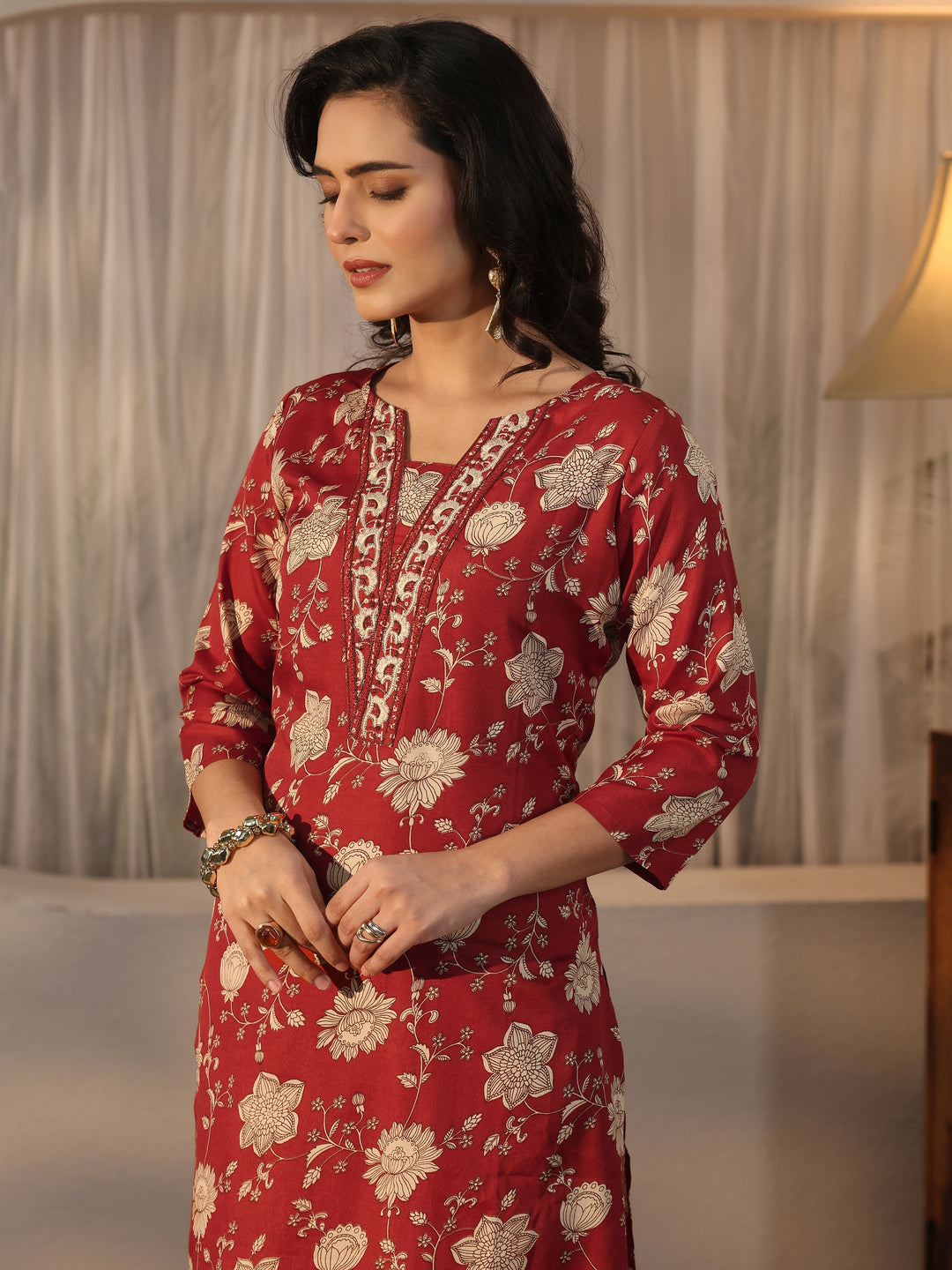  Gerua Rust Brown Floral Printed Straight Suit Set 