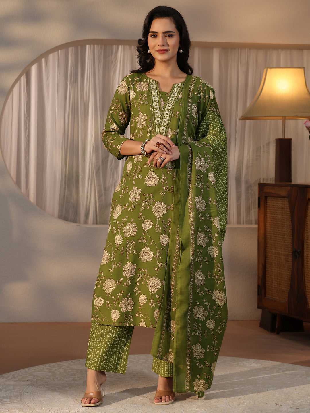  Gerua Green Floral Printed Straight Suit Set 