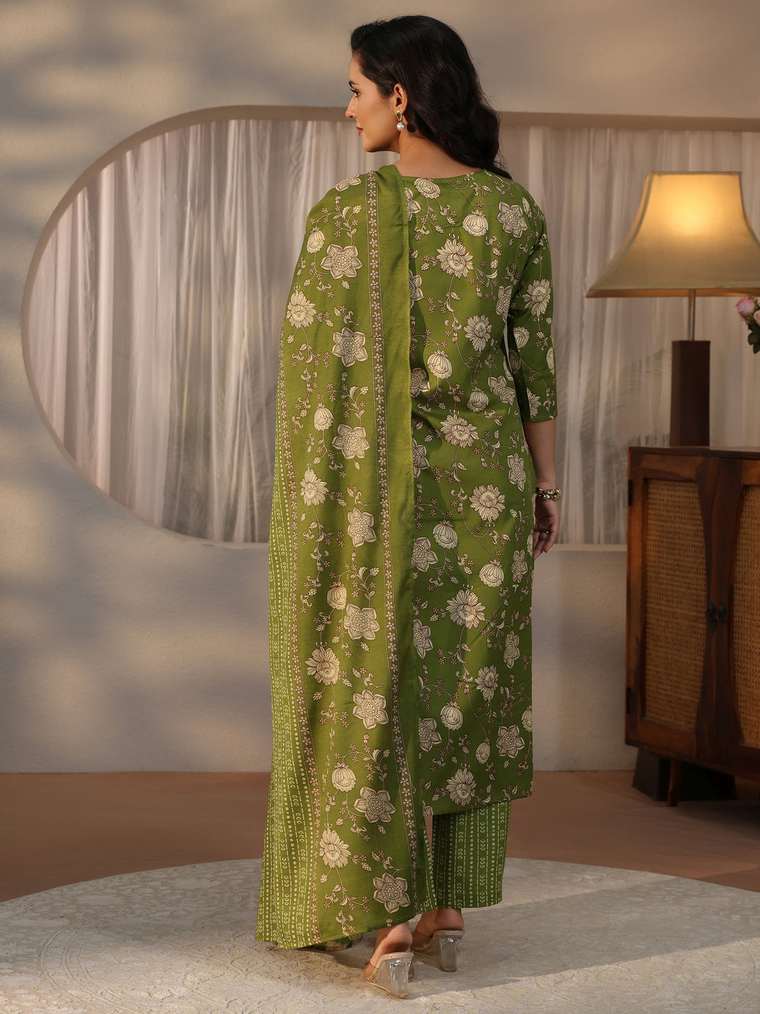  Gerua Green Floral Printed Straight Suit Set 