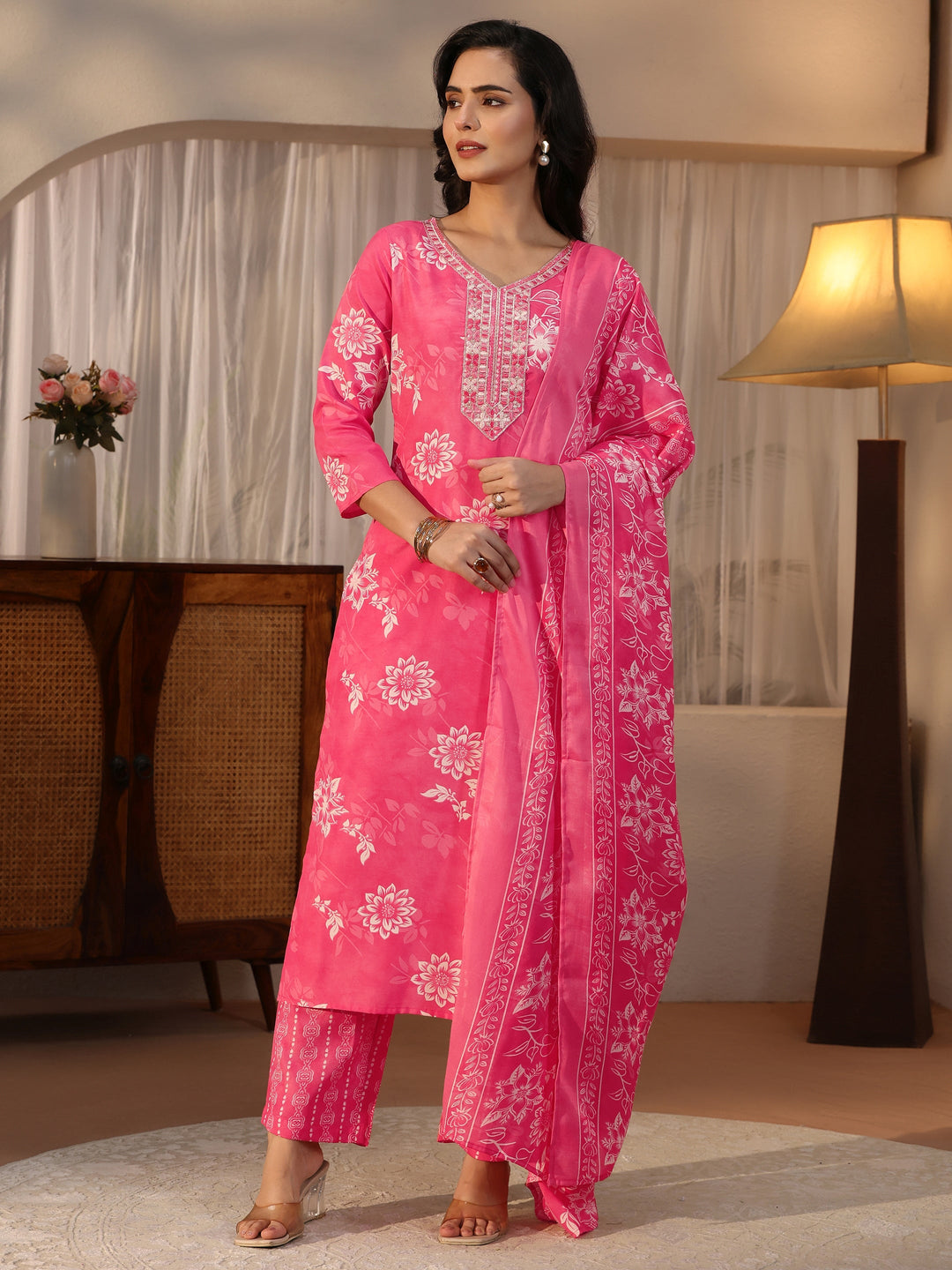  Gerua Pink Floral Printed Straight Suit Set 