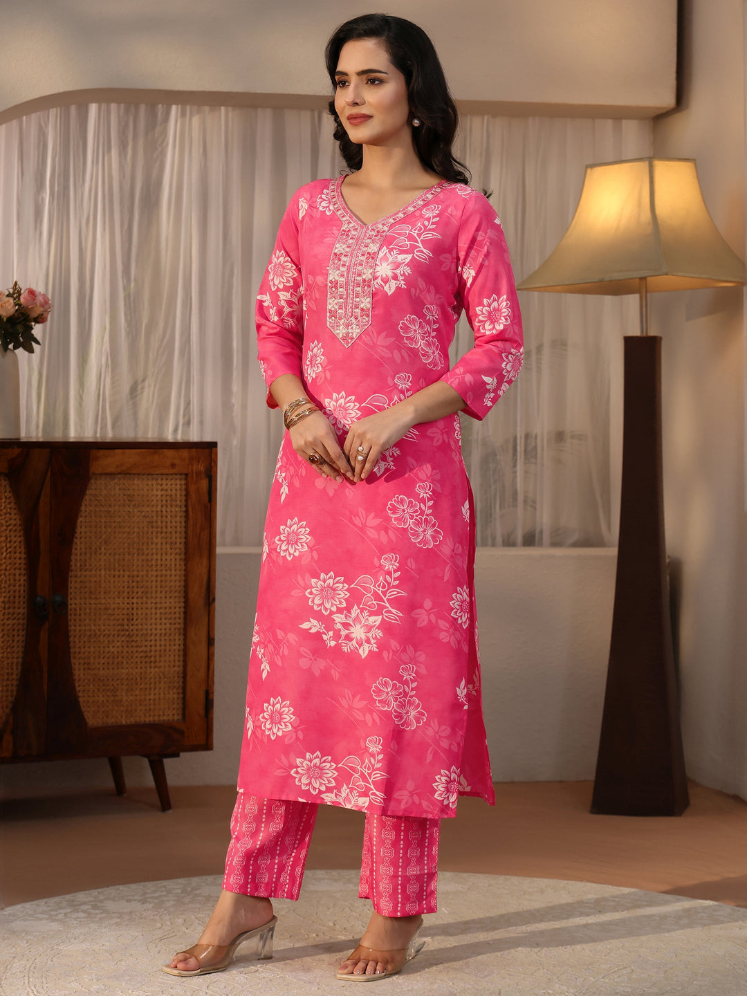  Gerua Pink Floral Printed Straight Suit Set 