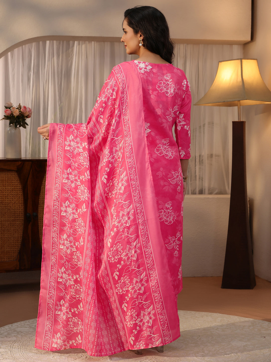  Gerua Pink Floral Printed Straight Suit Set 