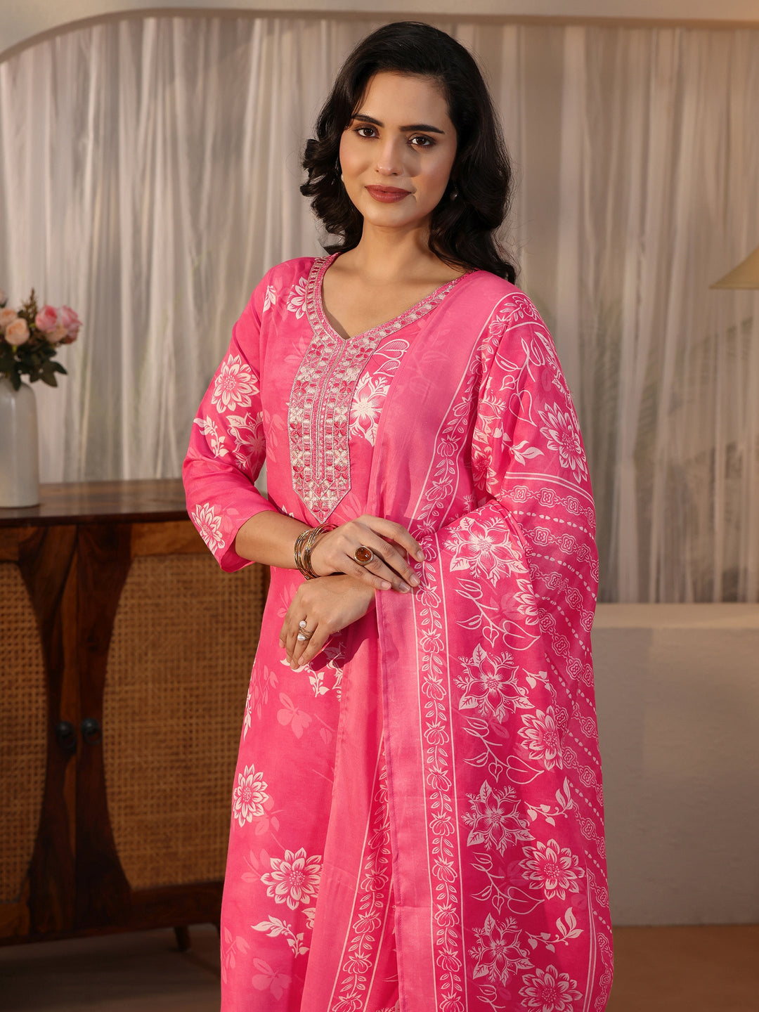  Gerua Pink Floral Printed Straight Suit Set 