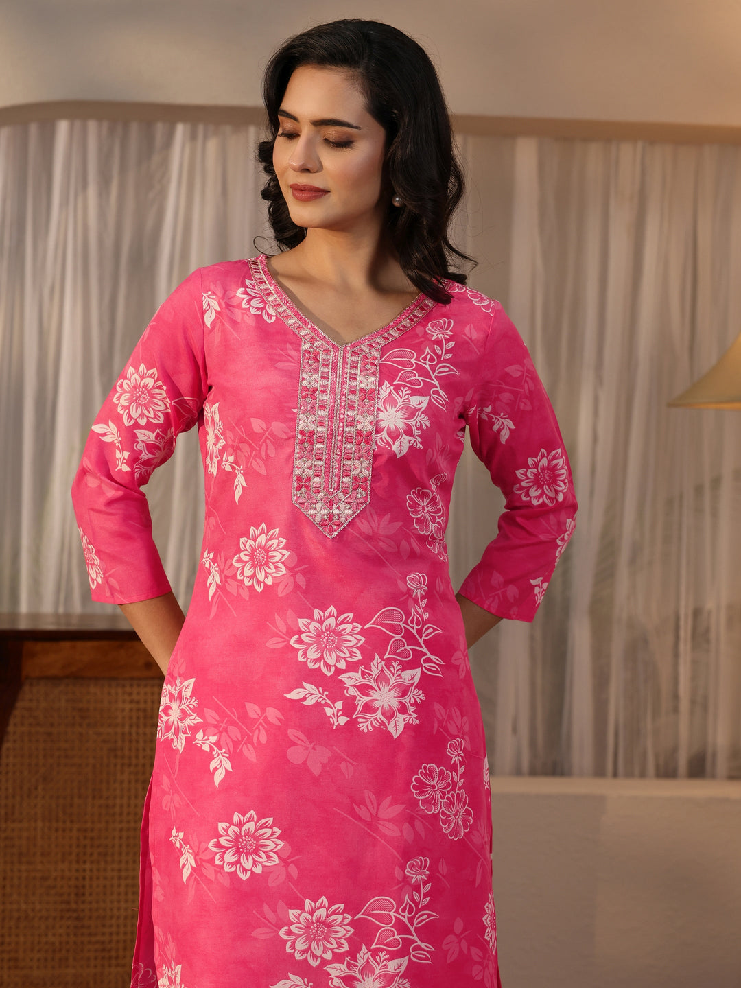  Gerua Pink Floral Printed Straight Suit Set 
