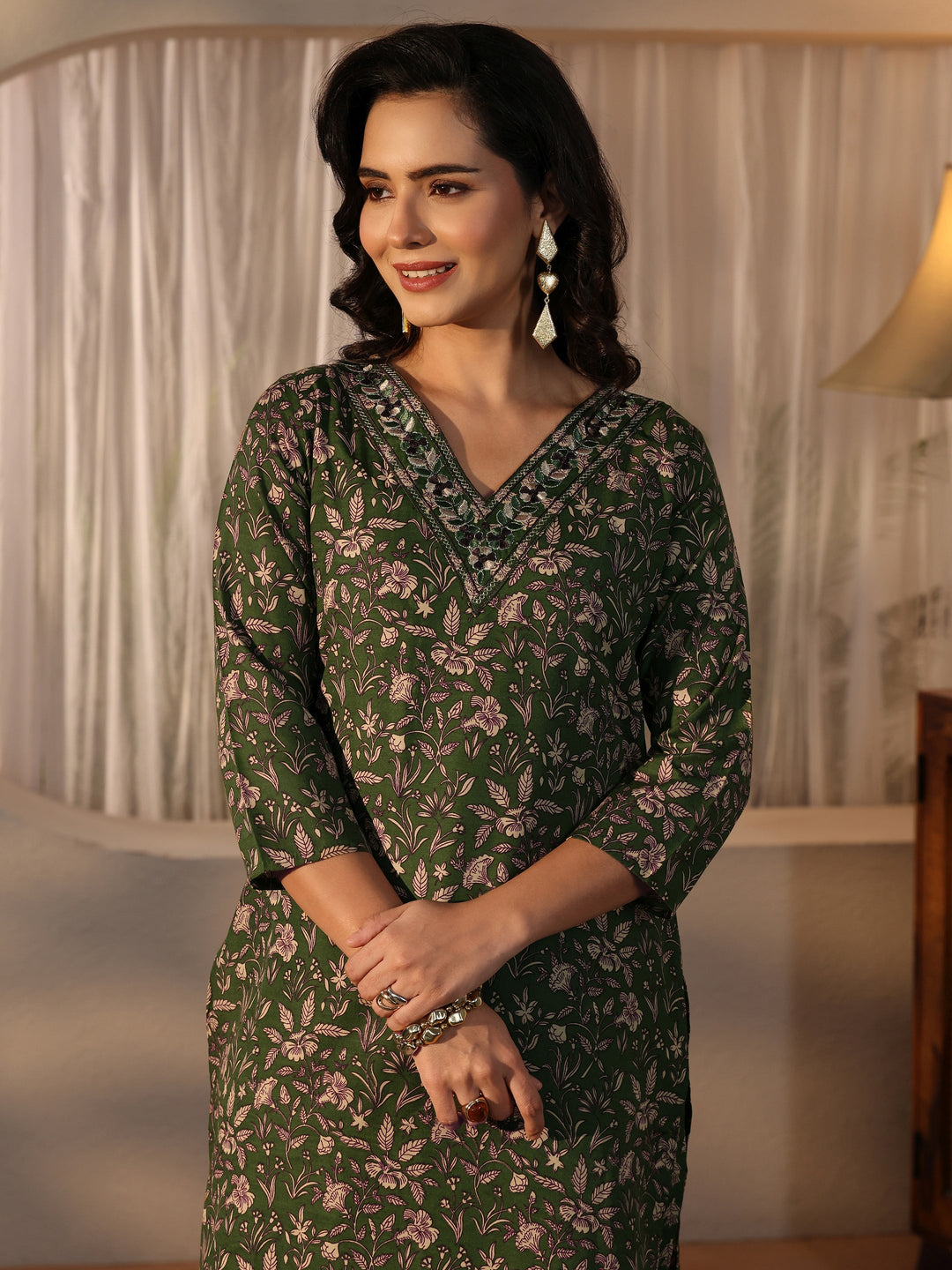  Gerua Green Floral Printed Straight Suit Set 