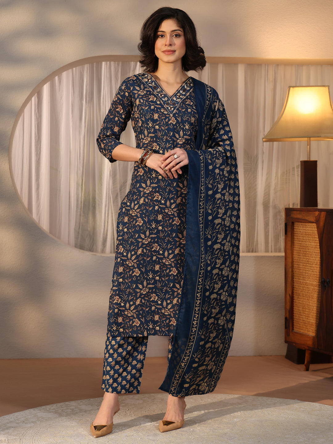  Gerua Blue Floral Printed Straight Suit Set 