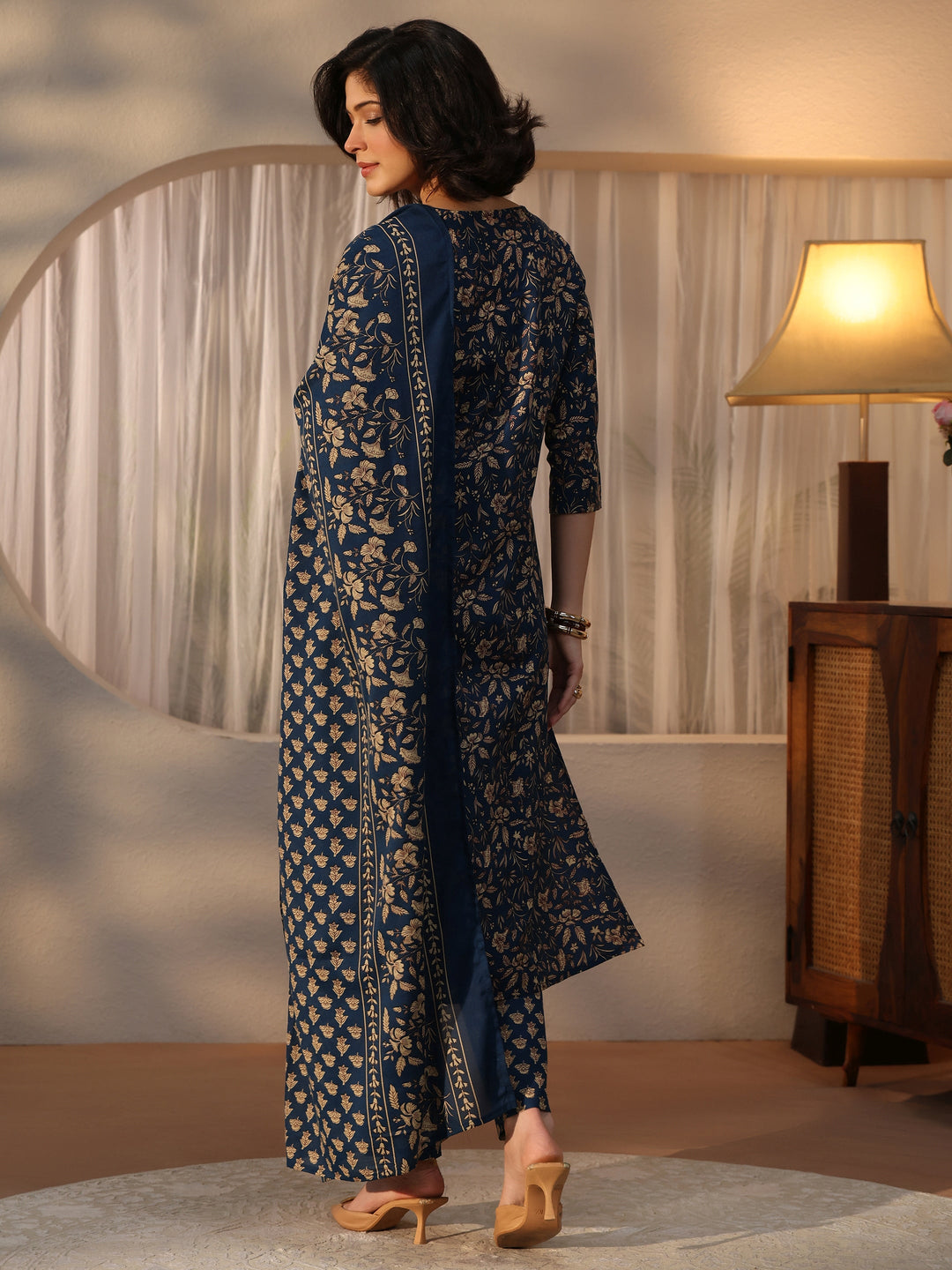  Gerua Blue Floral Printed Straight Suit Set 
