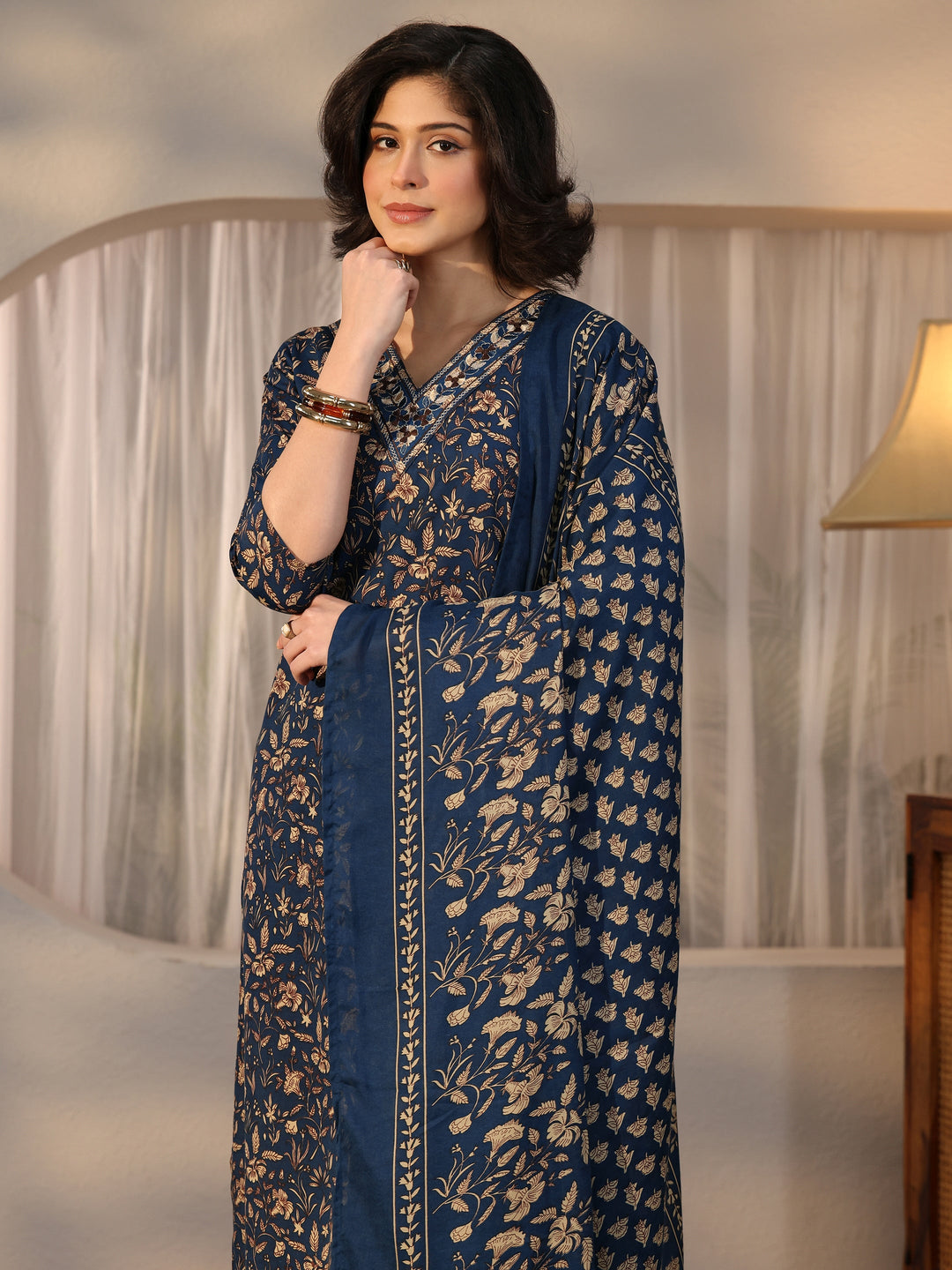  Gerua Blue Floral Printed Straight Suit Set 