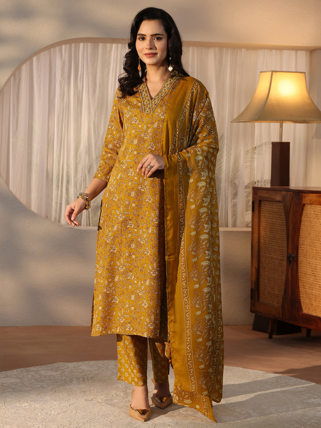  Gerua Mustard Floral Printed Straight Suit Set 
