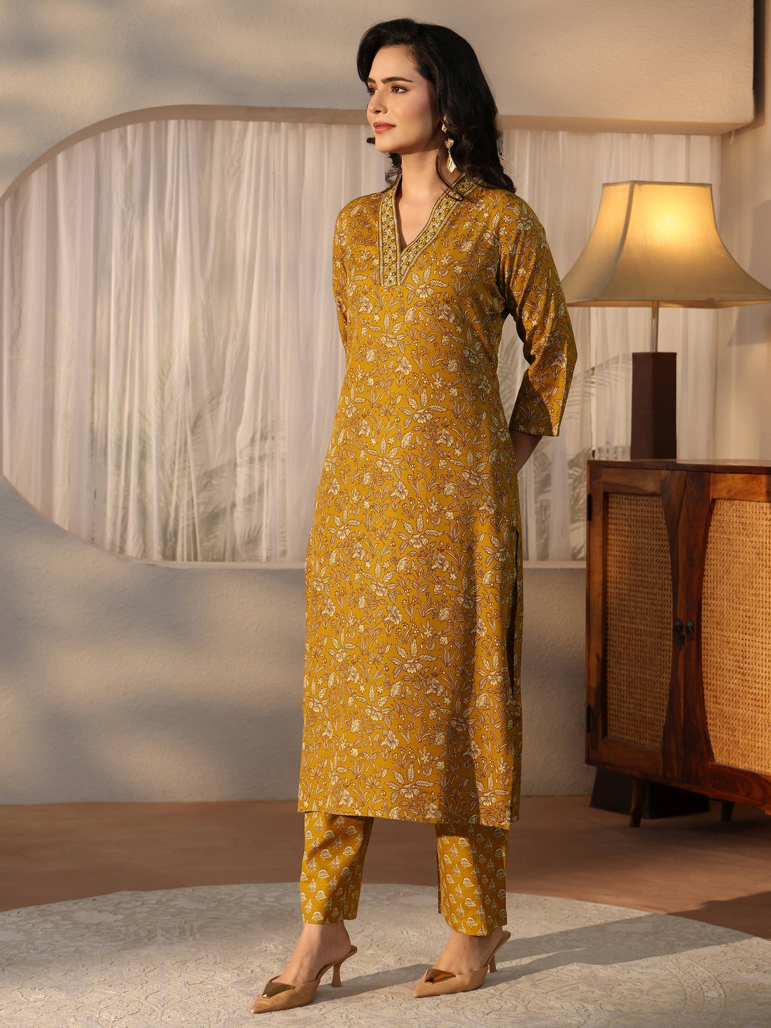  Gerua Mustard Floral Printed Straight Suit Set 