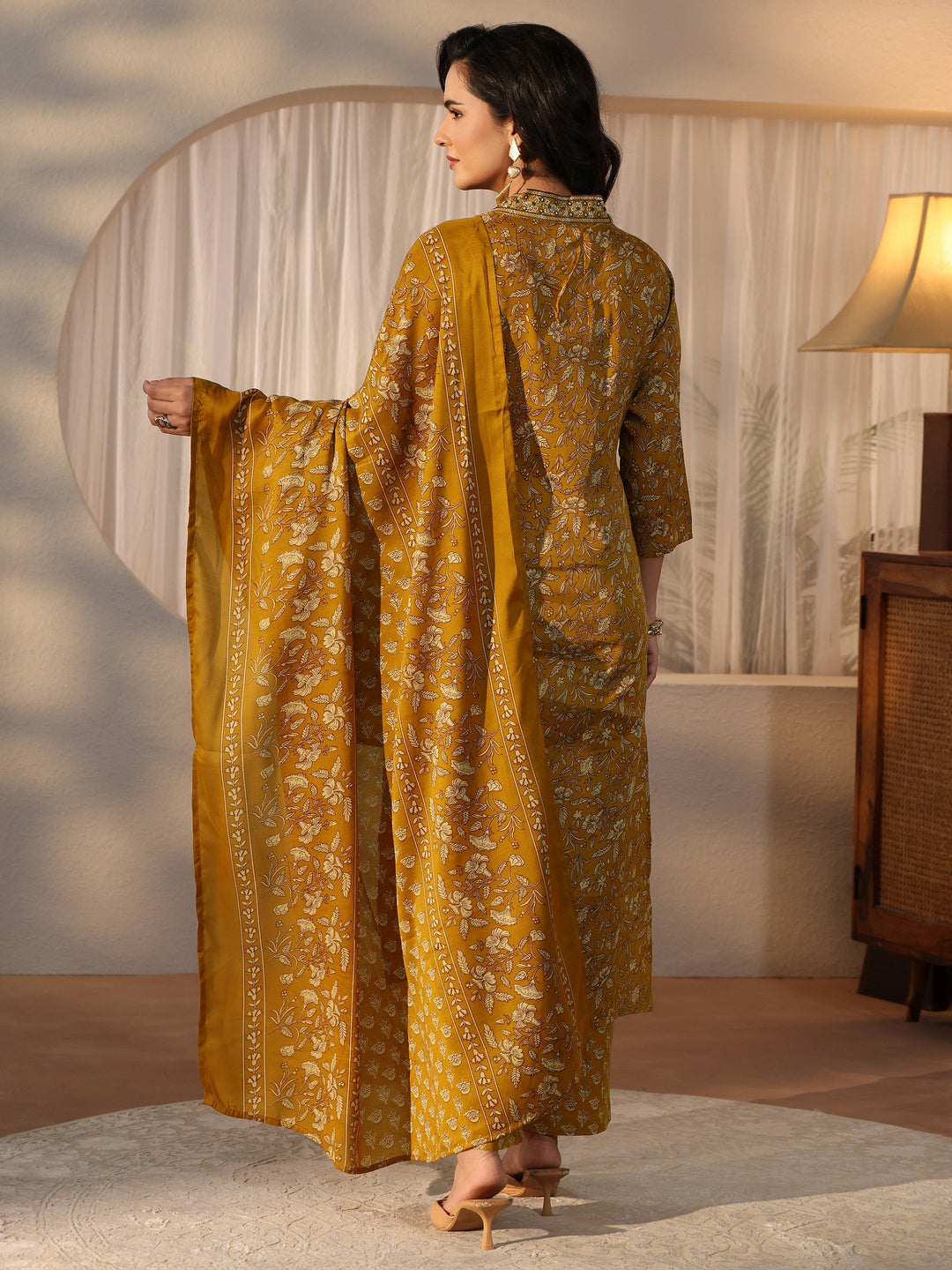  Gerua Mustard Floral Printed Straight Suit Set 