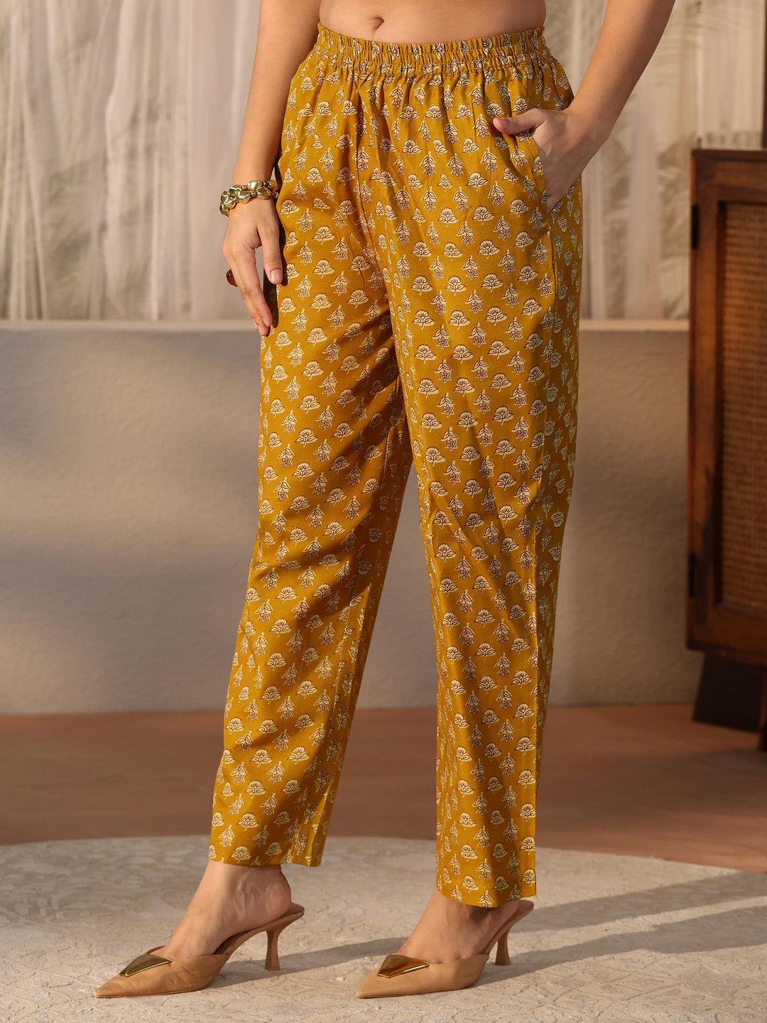 Gerua Mustard Floral Printed Straight Suit Set 