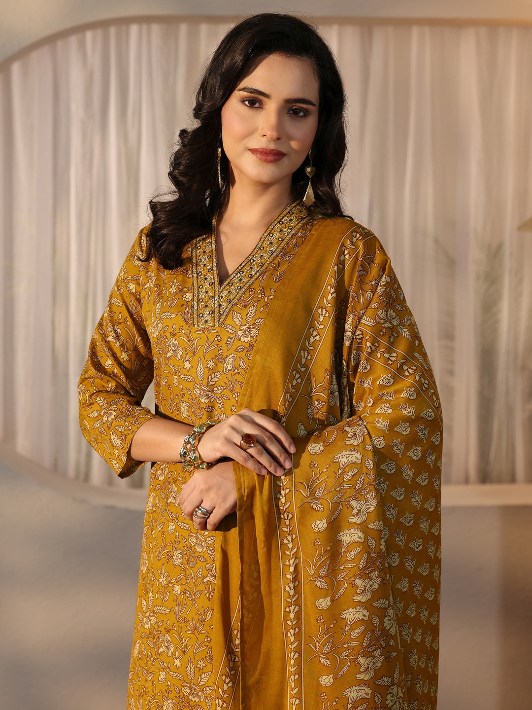  Gerua Mustard Floral Printed Straight Suit Set 