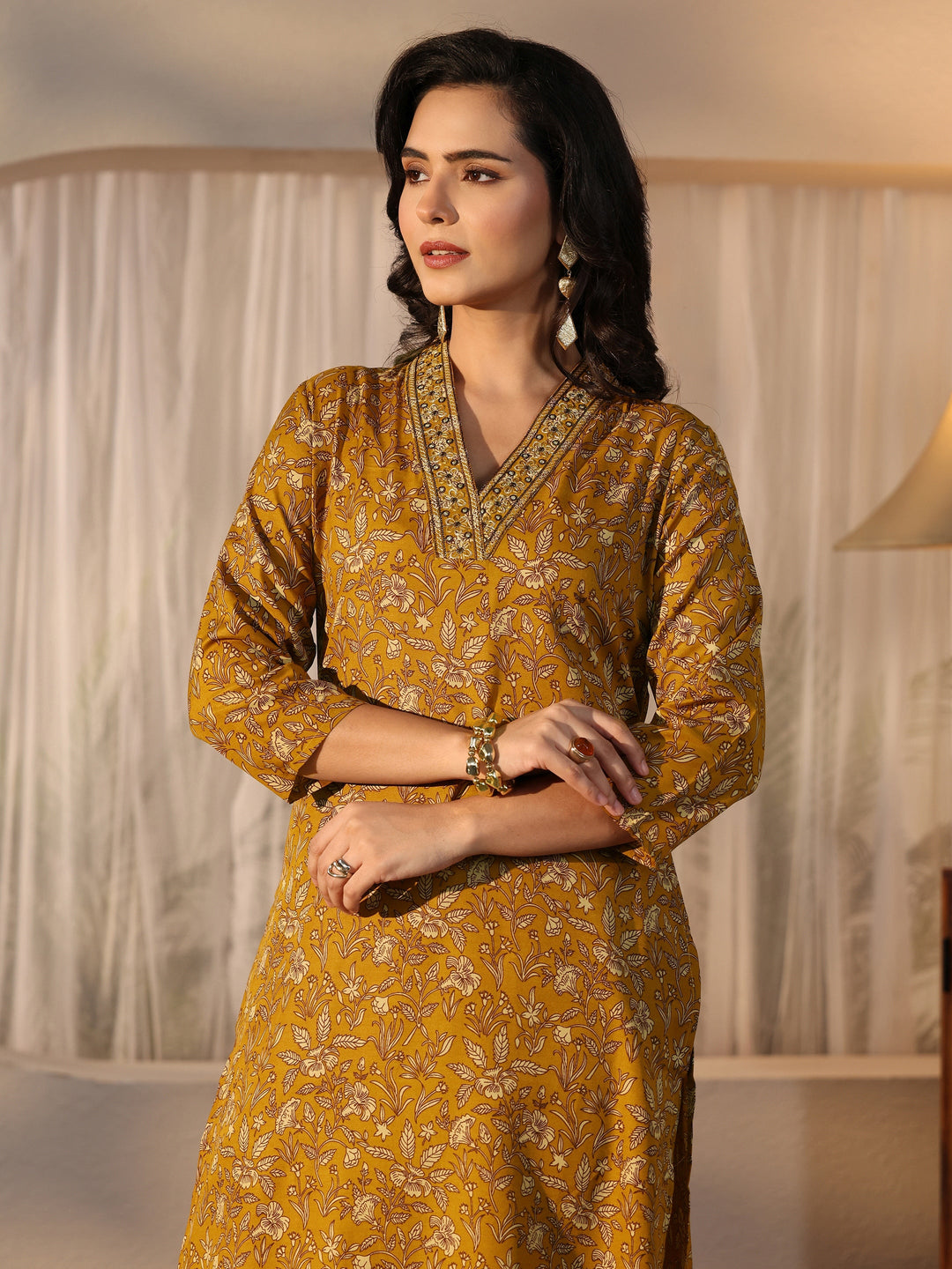  Gerua Mustard Floral Printed Straight Suit Set 