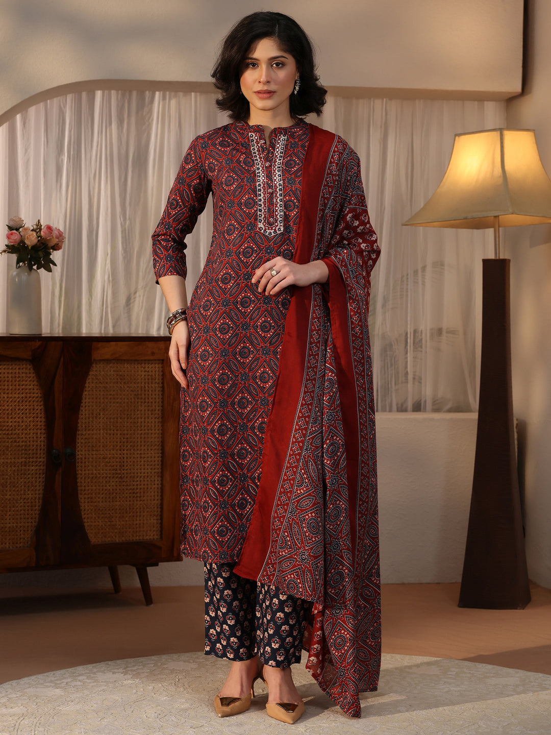  Gerua Maroon Ajrakh Printed Straight Suit Set 