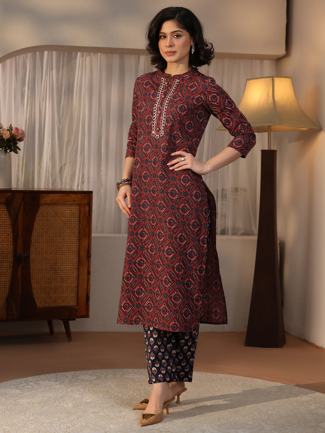  Gerua Maroon Ajrakh Printed Straight Suit Set 